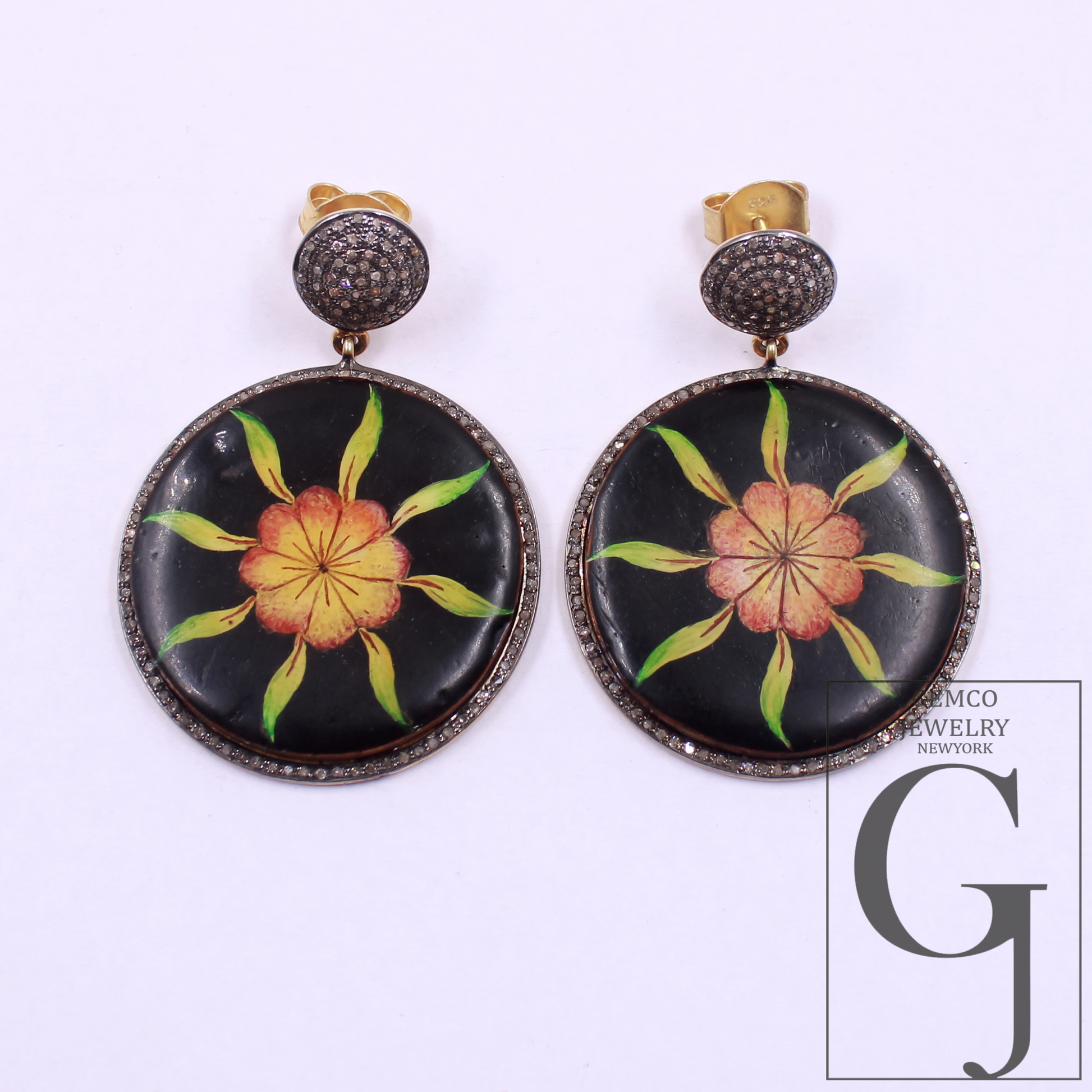 Luxury Hand Printed Wooden Earrings With Pave Diamonds – Handmade Floral Drop Jewelry In 925 Sterling Silver