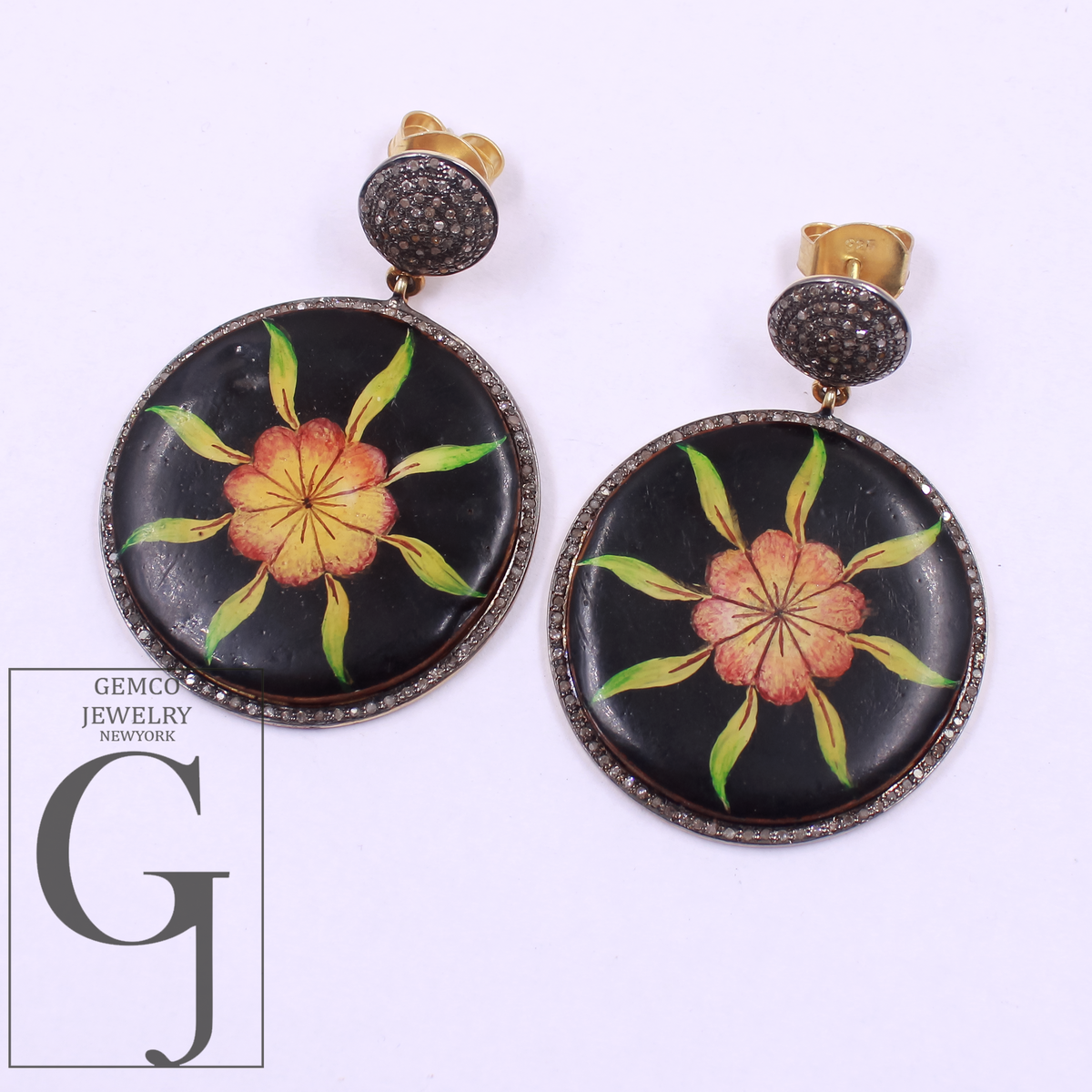 Luxury Hand Printed Wooden Earrings With Pave Diamonds – Handmade Floral Drop Jewelry In 925 Sterling Silver