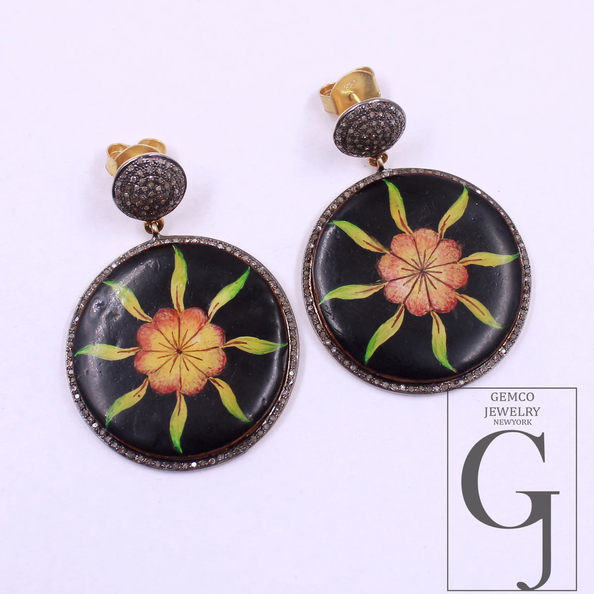 Luxury Hand Printed Wooden Earrings With Pave Diamonds – Handmade Floral Drop Jewelry In 925 Sterling Silver