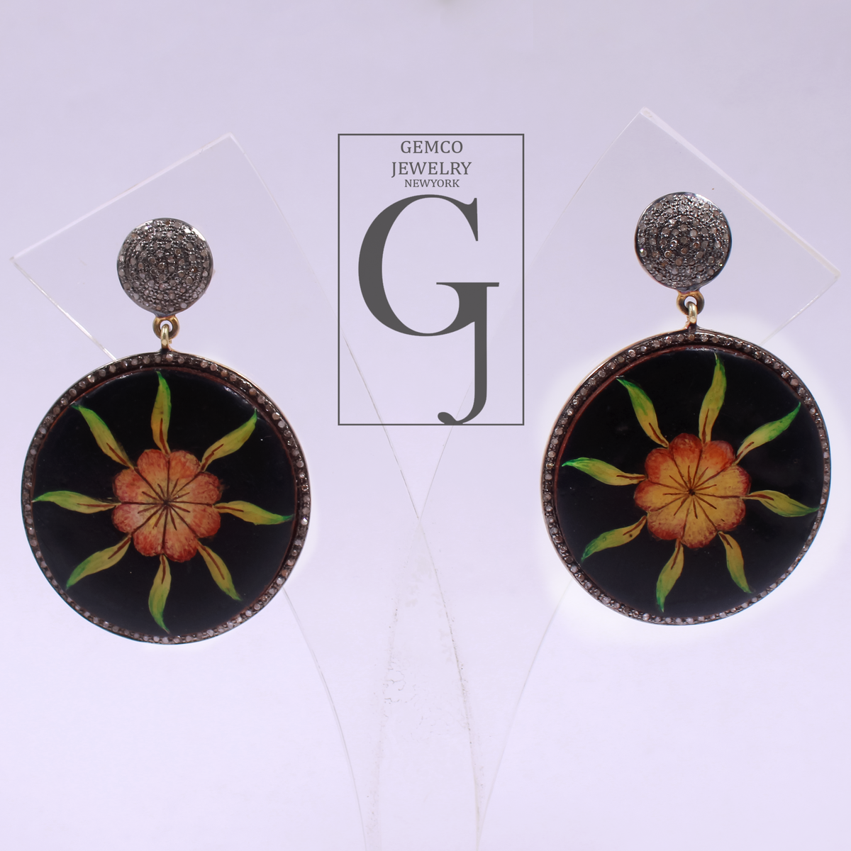 Luxury Hand Printed Wooden Earrings With Pave Diamonds – Handmade Floral Drop Jewelry In 925 Sterling Silver