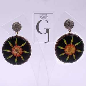 Luxury Hand Printed Wooden Earrings With Pave Diamonds – Handmade Floral Drop Jewelry In 925 Sterling Silver