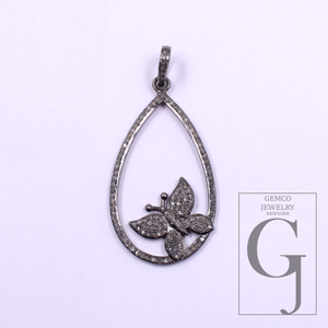 Beautiful Butterfly Pendant With Natural Pave Diamonds - 925 Sterling Silver Handmade Diamond Pendant Jewelry For Her