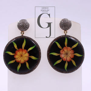 Luxury Hand Printed Wooden Earrings With Pave Diamonds – Handmade Floral Drop Jewelry In 925 Sterling Silver