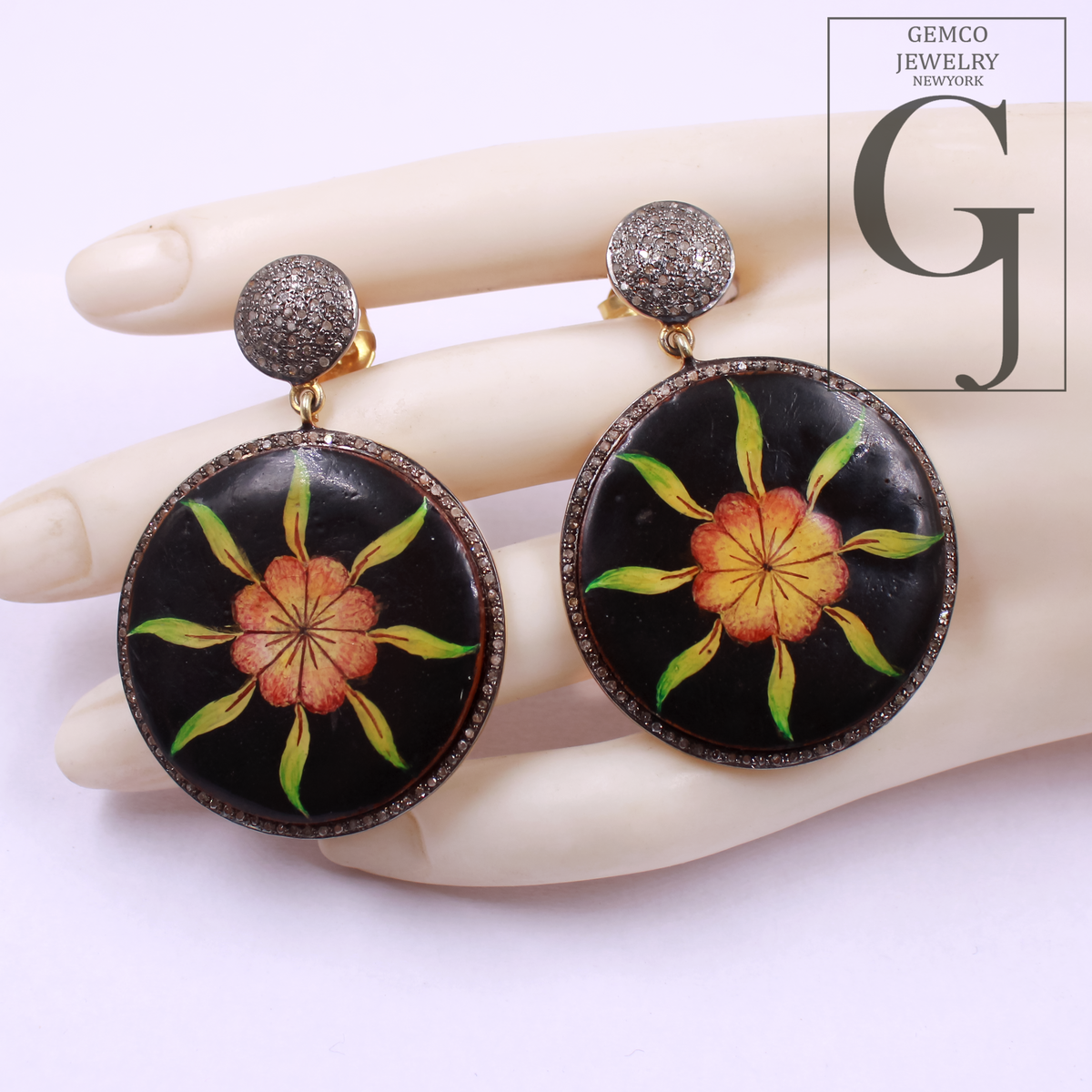 Luxury Hand Printed Wooden Earrings With Pave Diamonds – Handmade Floral Drop Jewelry In 925 Sterling Silver