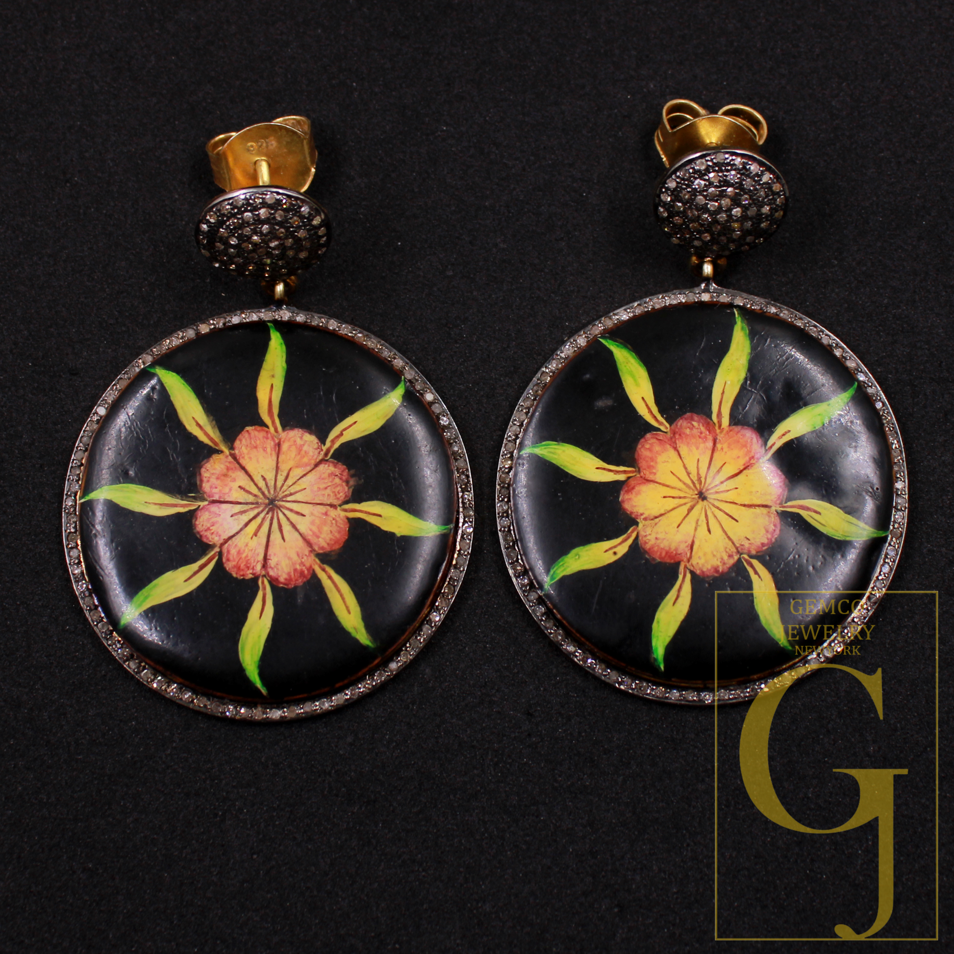 Luxury Hand Printed Wooden Earrings With Pave Diamonds – Handmade Floral Drop Jewelry In 925 Sterling Silver