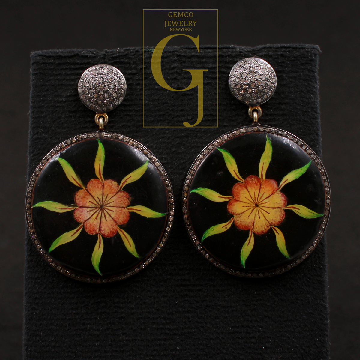 Luxury Hand Printed Wooden Earrings With Pave Diamonds – Handmade Floral Drop Jewelry In 925 Sterling Silver