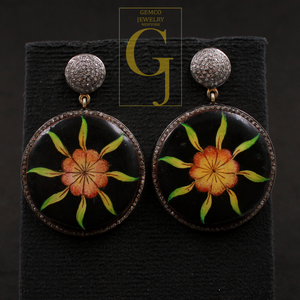 Luxury Hand Printed Wooden Earrings With Pave Diamonds – Handmade Floral Drop Jewelry In 925 Sterling Silver