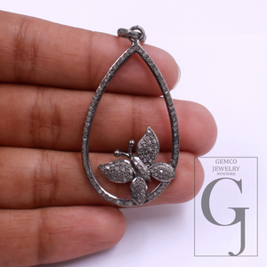 Beautiful Butterfly Pendant With Natural Pave Diamonds - 925 Sterling Silver Handmade Diamond Pendant Jewelry For Her