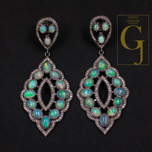 Designer Natural Ethiopian Opal Earrings With Pave Diamonds - 925 Sterling Silver Handmade Finish Diamond Earrings For Everyday Wear
