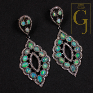 Designer Natural Ethiopian Opal Earrings With Pave Diamonds - 925 Sterling Silver Handmade Finish Diamond Earrings For Everyday Wear