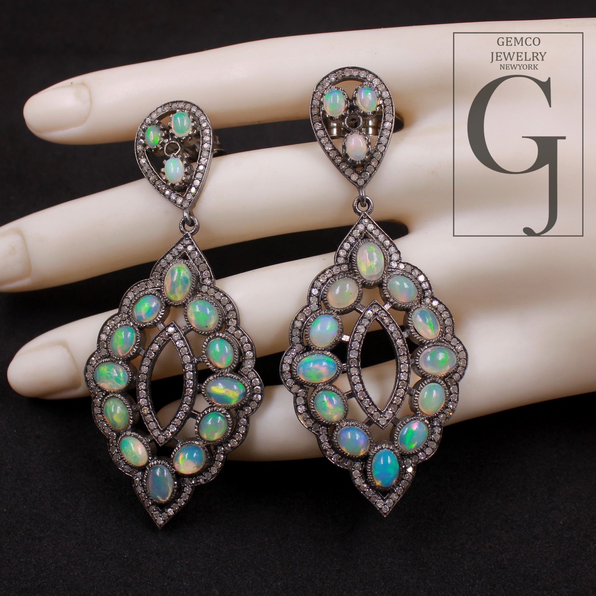 Designer Natural Ethiopian Opal Earrings With Pave Diamonds - 925 Sterling Silver Handmade Finish Diamond Earrings For Everyday Wear