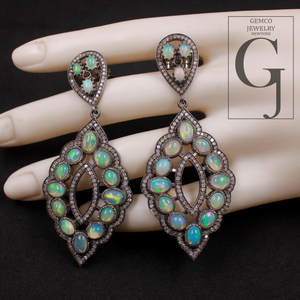 Designer Natural Ethiopian Opal Earrings With Pave Diamonds - 925 Sterling Silver Handmade Finish Diamond Earrings For Everyday Wear