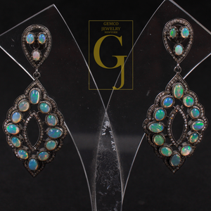 Designer Natural Ethiopian Opal Earrings With Pave Diamonds - 925 Sterling Silver Handmade Finish Diamond Earrings For Everyday Wear