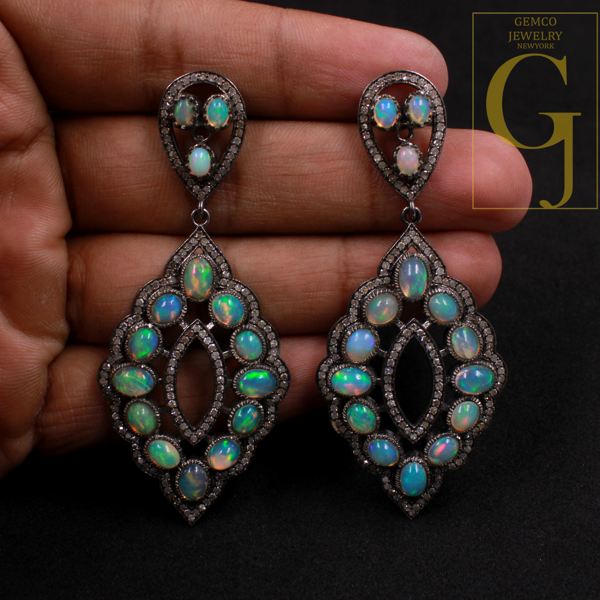 Designer Natural Ethiopian Opal Earrings With Pave Diamonds - 925 Sterling Silver Handmade Finish Diamond Earrings For Everyday Wear