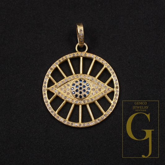 Designer Evil Eye Pendant With Pave Diamonds And Blue Sapphire In Vermeil Gold 925 Sterling Silver Handmade Jewelry Gift For Her