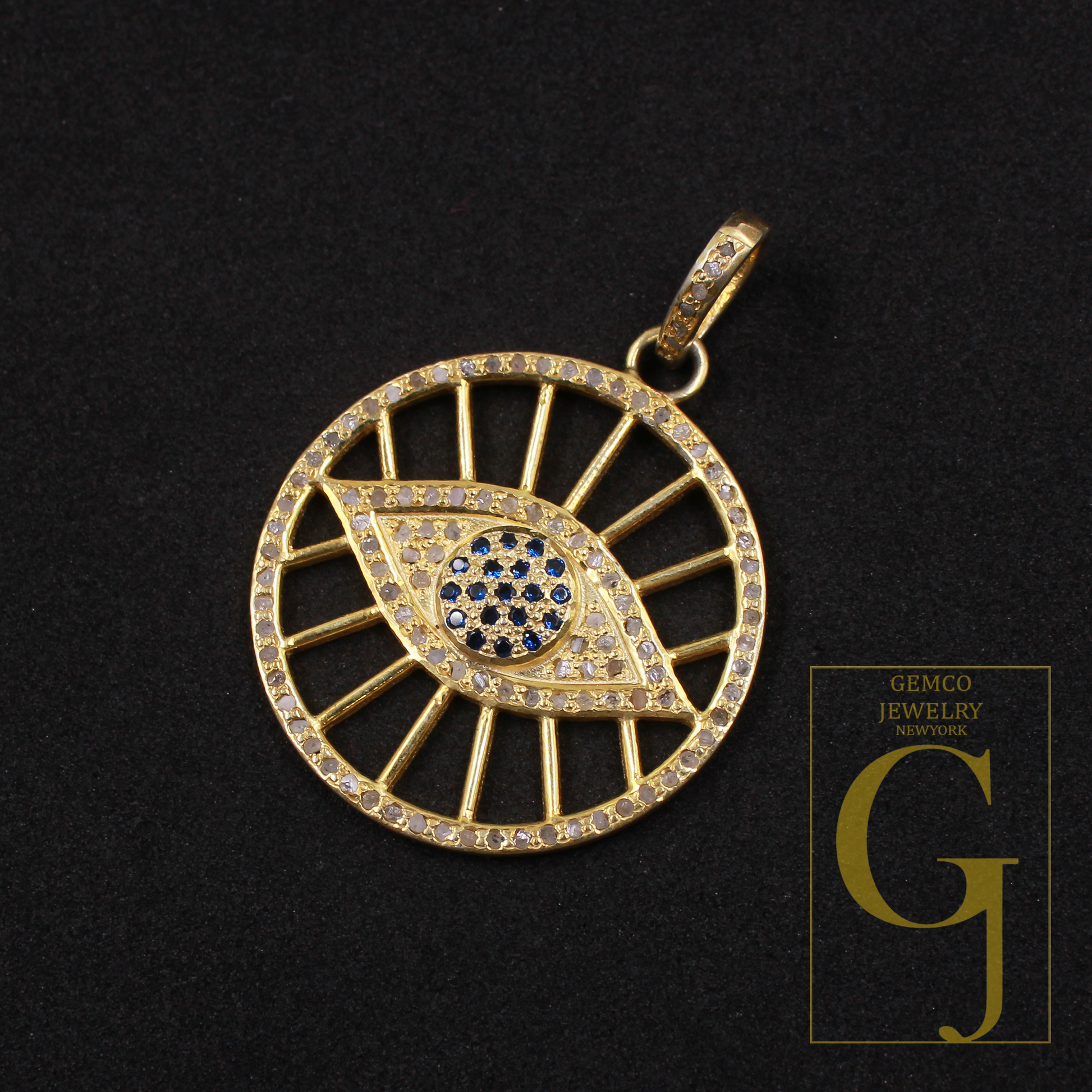 Designer Evil Eye Pendant With Pave Diamonds And Blue Sapphire In Vermeil Gold 925 Sterling Silver Handmade Jewelry Gift For Her