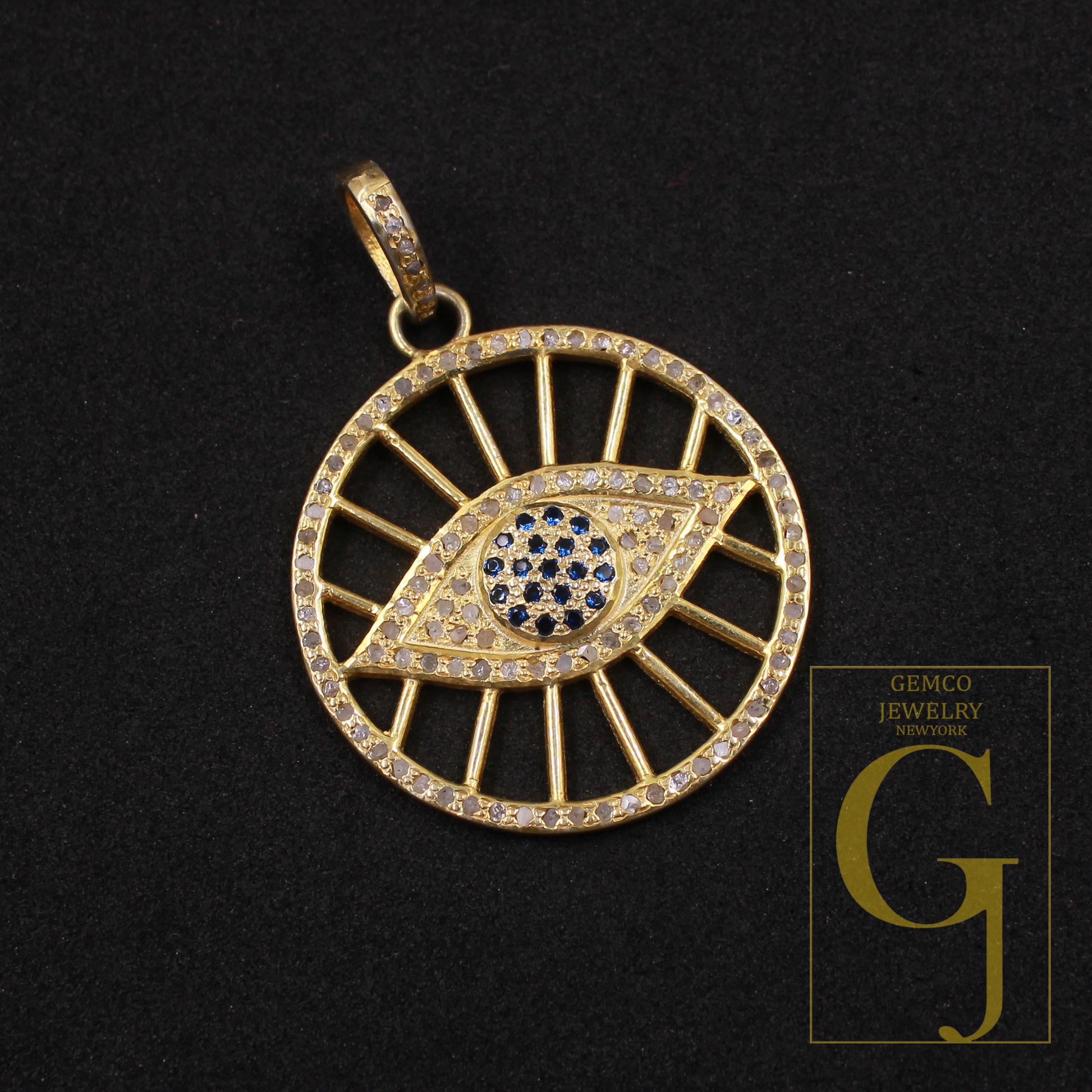 Designer Evil Eye Pendant With Pave Diamonds And Blue Sapphire In Vermeil Gold 925 Sterling Silver Handmade Jewelry Gift For Her