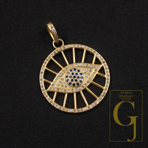 Designer Evil Eye Pendant With Pave Diamonds And Blue Sapphire In Vermeil Gold 925 Sterling Silver Handmade Jewelry Gift For Her