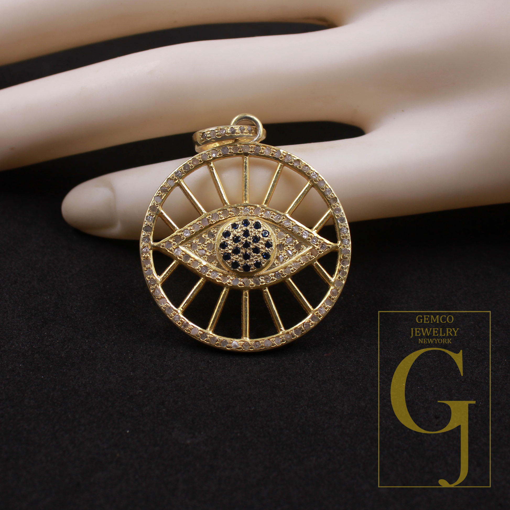 Designer Evil Eye Pendant With Pave Diamonds And Blue Sapphire In Vermeil Gold 925 Sterling Silver Handmade Jewelry Gift For Her