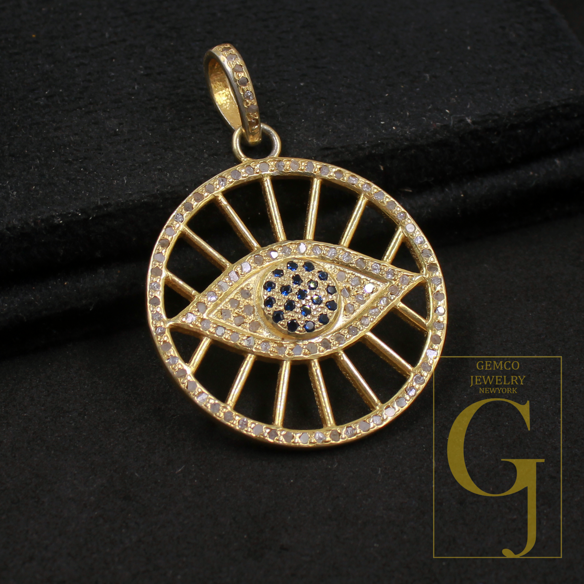 Designer Evil Eye Pendant With Pave Diamonds And Blue Sapphire In Vermeil Gold 925 Sterling Silver Handmade Jewelry Gift For Her