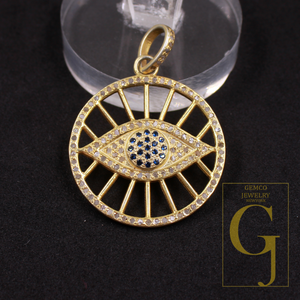 Designer Evil Eye Pendant With Pave Diamonds And Blue Sapphire In Vermeil Gold 925 Sterling Silver Handmade Jewelry Gift For Her