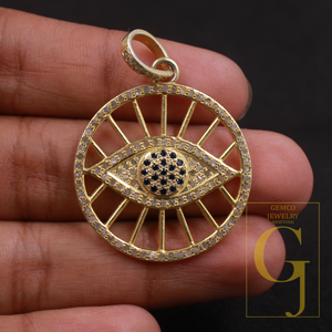 Designer Evil Eye Pendant With Pave Diamonds And Blue Sapphire In Vermeil Gold 925 Sterling Silver Handmade Jewelry Gift For Her