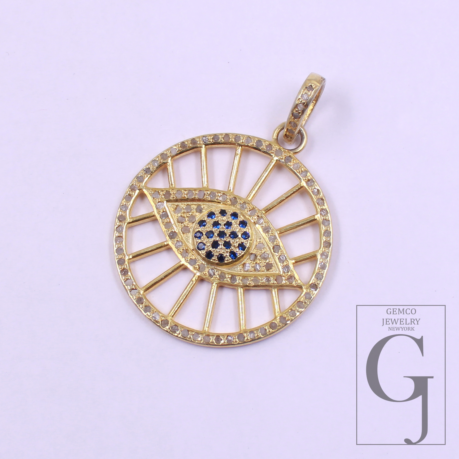 Designer Evil Eye Pendant With Pave Diamonds And Blue Sapphire In Vermeil Gold 925 Sterling Silver Handmade Jewelry Gift For Her