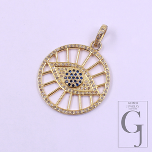 Designer Evil Eye Pendant With Pave Diamonds And Blue Sapphire In Vermeil Gold 925 Sterling Silver Handmade Jewelry Gift For Her