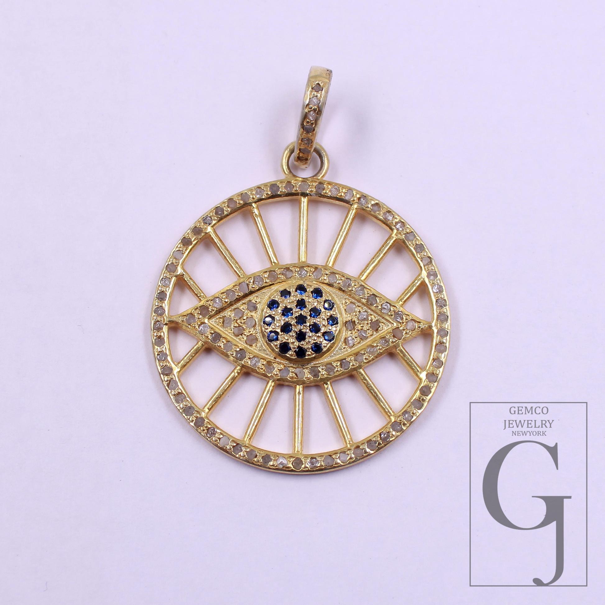 Designer Evil Eye Pendant With Pave Diamonds And Blue Sapphire In Vermeil Gold 925 Sterling Silver Handmade Jewelry Gift For Her