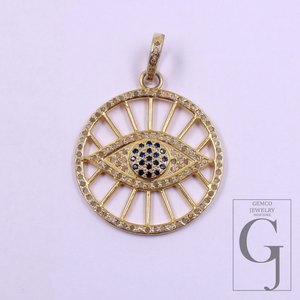 Designer Evil Eye Pendant With Pave Diamonds And Blue Sapphire In Vermeil Gold 925 Sterling Silver Handmade Jewelry Gift For Her