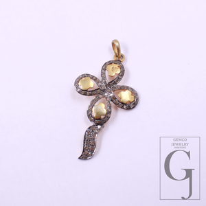 Beautiful Flower Pendant With Pave Diamonds In Vermil Gold 925 Sterling Silver Handmade Finish Flower Pendant