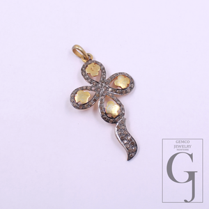 Beautiful Flower Pendant With Pave Diamonds In Vermil Gold 925 Sterling Silver Handmade Finish Flower Pendant