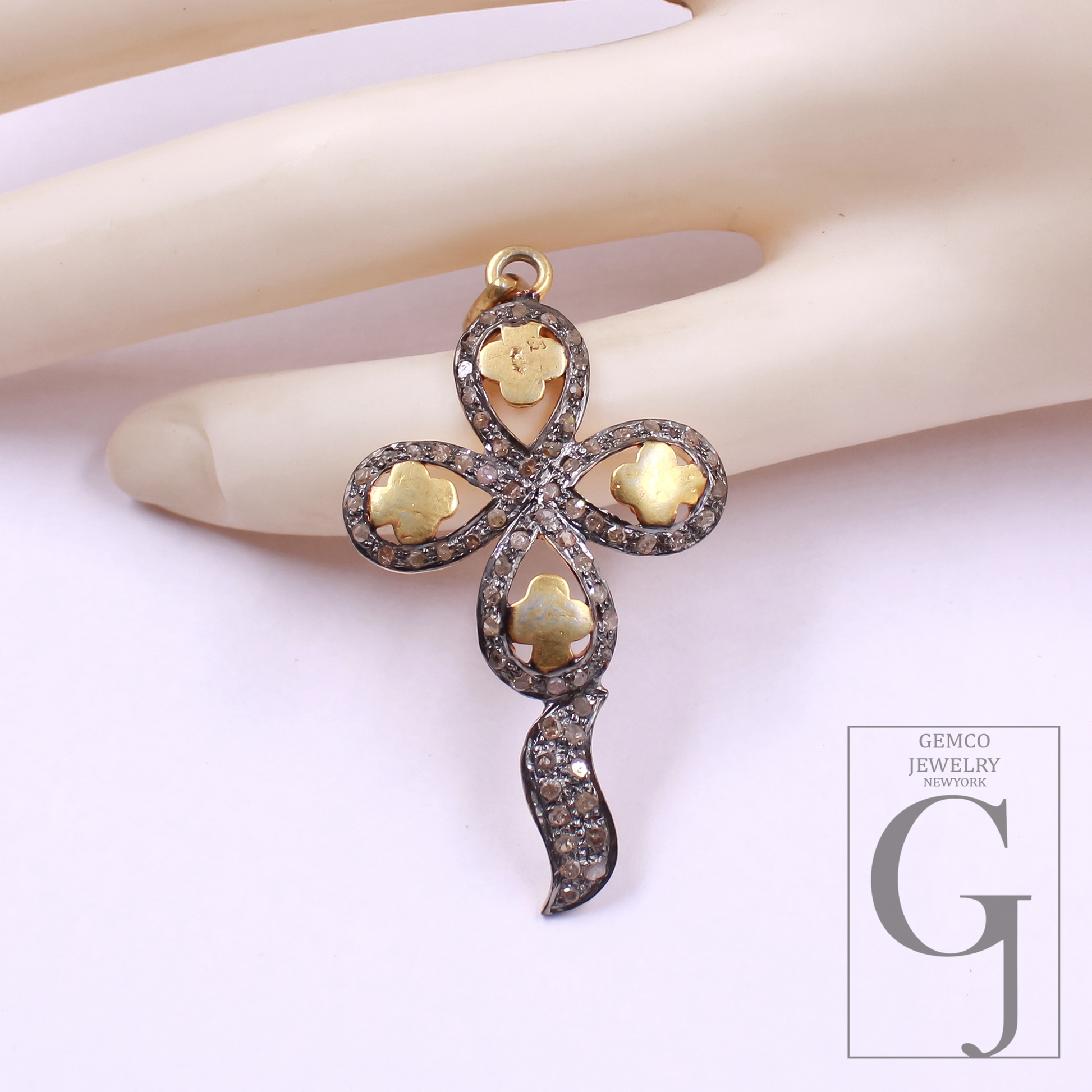 Beautiful Flower Pendant With Pave Diamonds In Vermil Gold 925 Sterling Silver Handmade Finish Flower Pendant