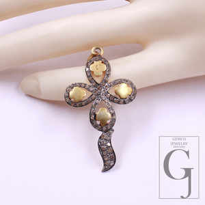 Beautiful Flower Pendant With Pave Diamonds In Vermil Gold 925 Sterling Silver Handmade Finish Flower Pendant