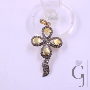 Beautiful Flower Pendant With Pave Diamonds In Vermil Gold 925 Sterling Silver Handmade Finish Flower Pendant