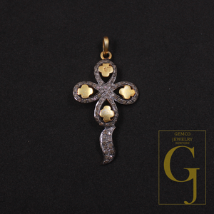 Beautiful Flower Pendant With Pave Diamonds In Vermil Gold 925 Sterling Silver Handmade Finish Flower Pendant