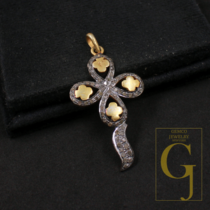 Beautiful Flower Pendant With Pave Diamonds In Vermil Gold 925 Sterling Silver Handmade Finish Flower Pendant