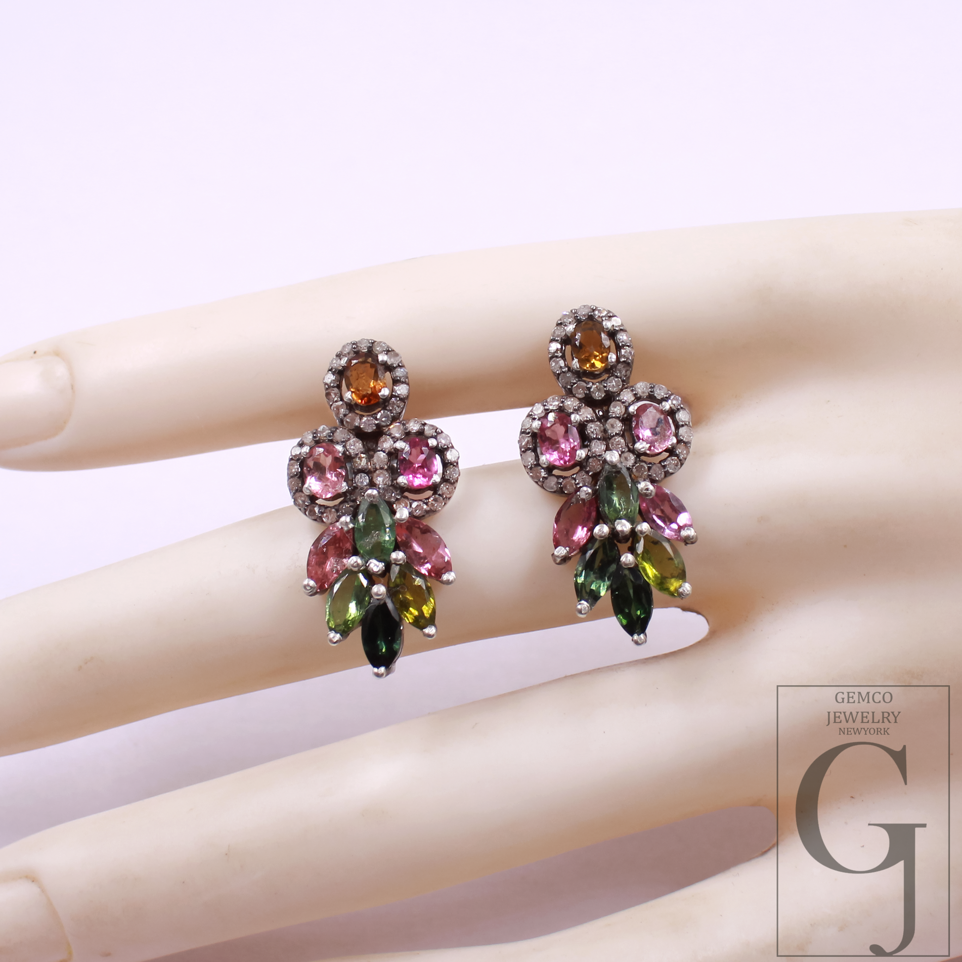 Designer Multi Tourmaline Earrings With Pave Diamond In Sterling Silver Handmade Finish Diamond Jewelry Gift For Her