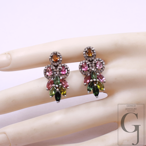 Designer Multi Tourmaline Earrings With Pave Diamond In Sterling Silver Handmade Finish Diamond Jewelry Gift For Her