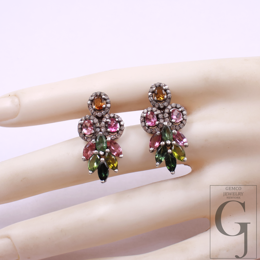Designer Multi Tourmaline Earrings With Pave Diamond In Sterling Silver Handmade Finish Diamond Jewelry Gift For Her