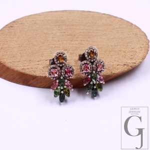Designer Multi Tourmaline Earrings With Pave Diamond In Sterling Silver Handmade Finish Diamond Jewelry Gift For Her