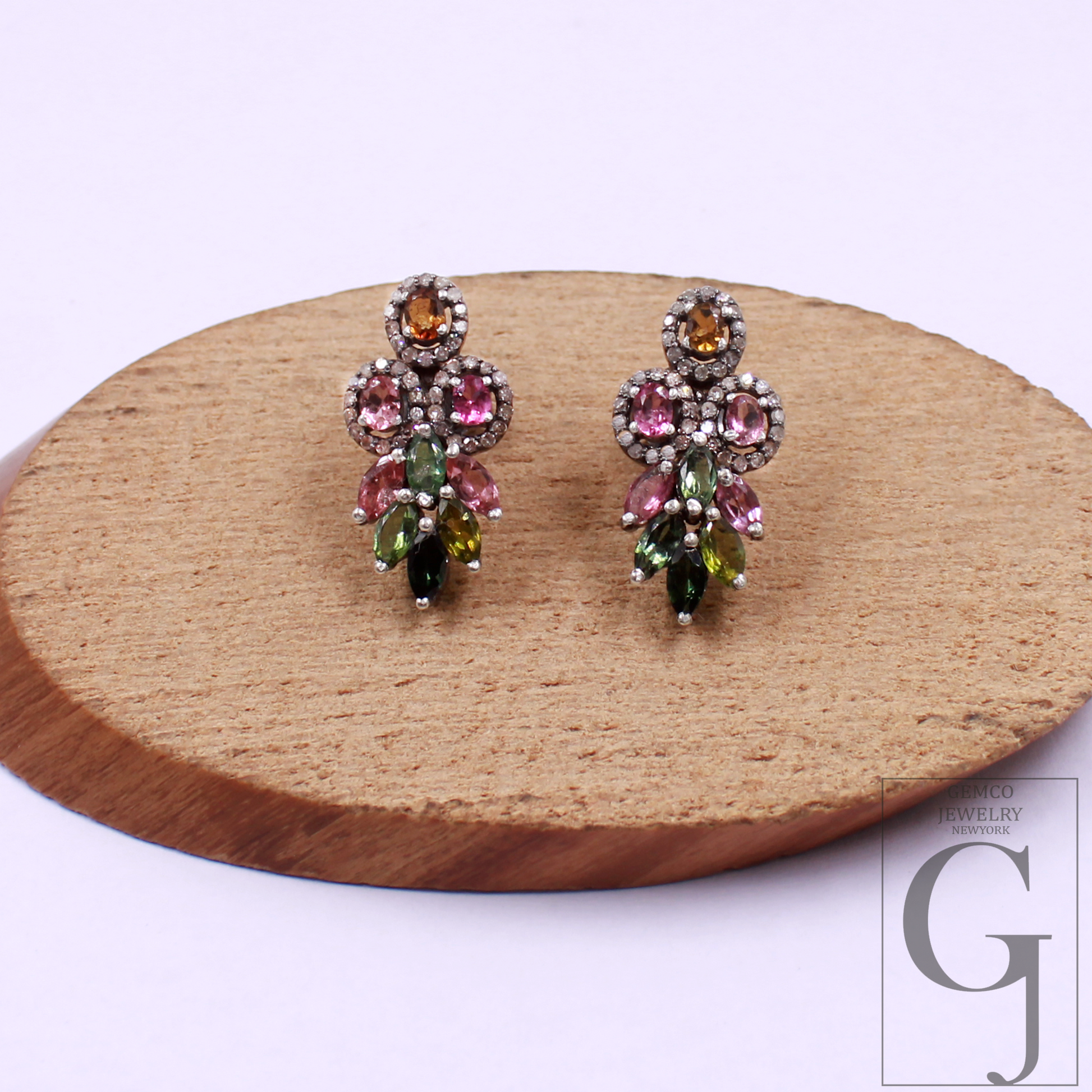 Designer Multi Tourmaline Earrings With Pave Diamond In Sterling Silver Handmade Finish Diamond Jewelry Gift For Her