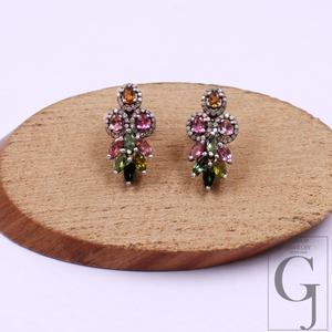 Designer Multi Tourmaline Earrings With Pave Diamond In Sterling Silver Handmade Finish Diamond Jewelry Gift For Her