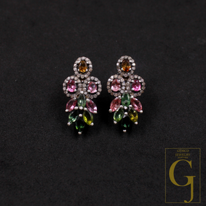 Designer Multi Tourmaline Earrings With Pave Diamond In Sterling Silver Handmade Finish Diamond Jewelry Gift For Her