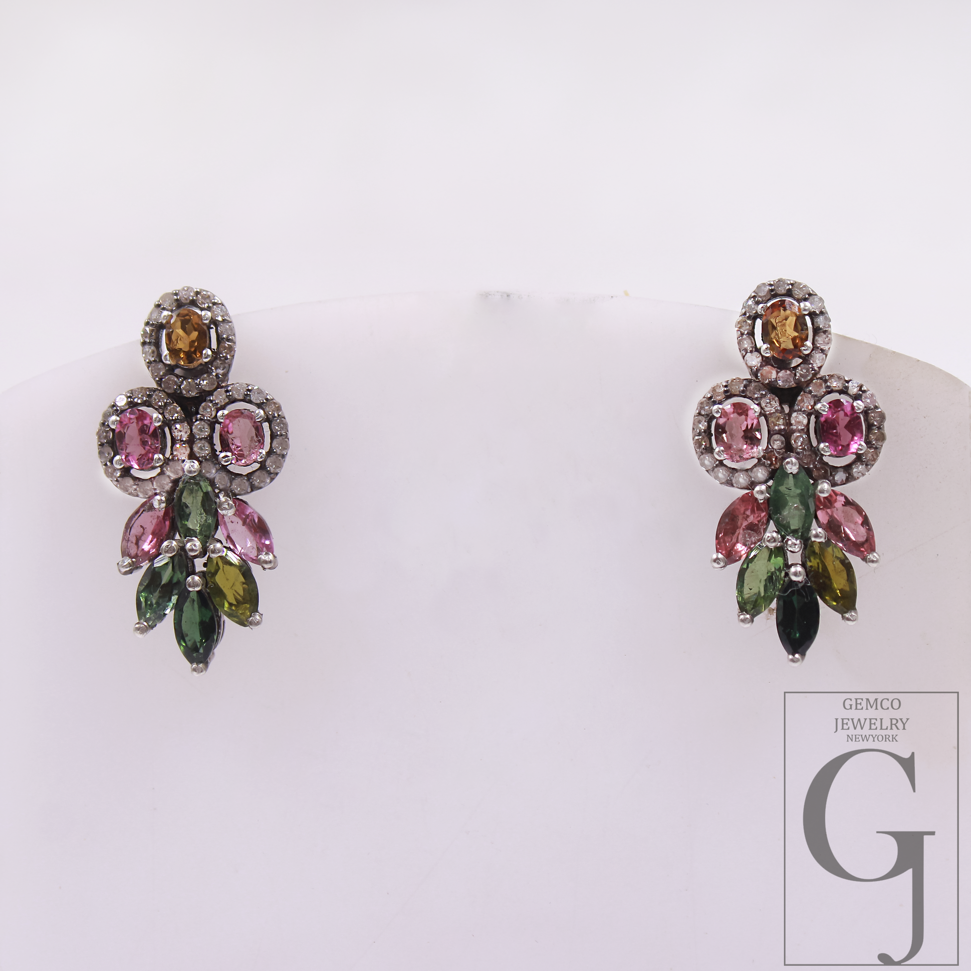 Designer Multi Tourmaline Earrings With Pave Diamond In Sterling Silver Handmade Finish Diamond Jewelry Gift For Her