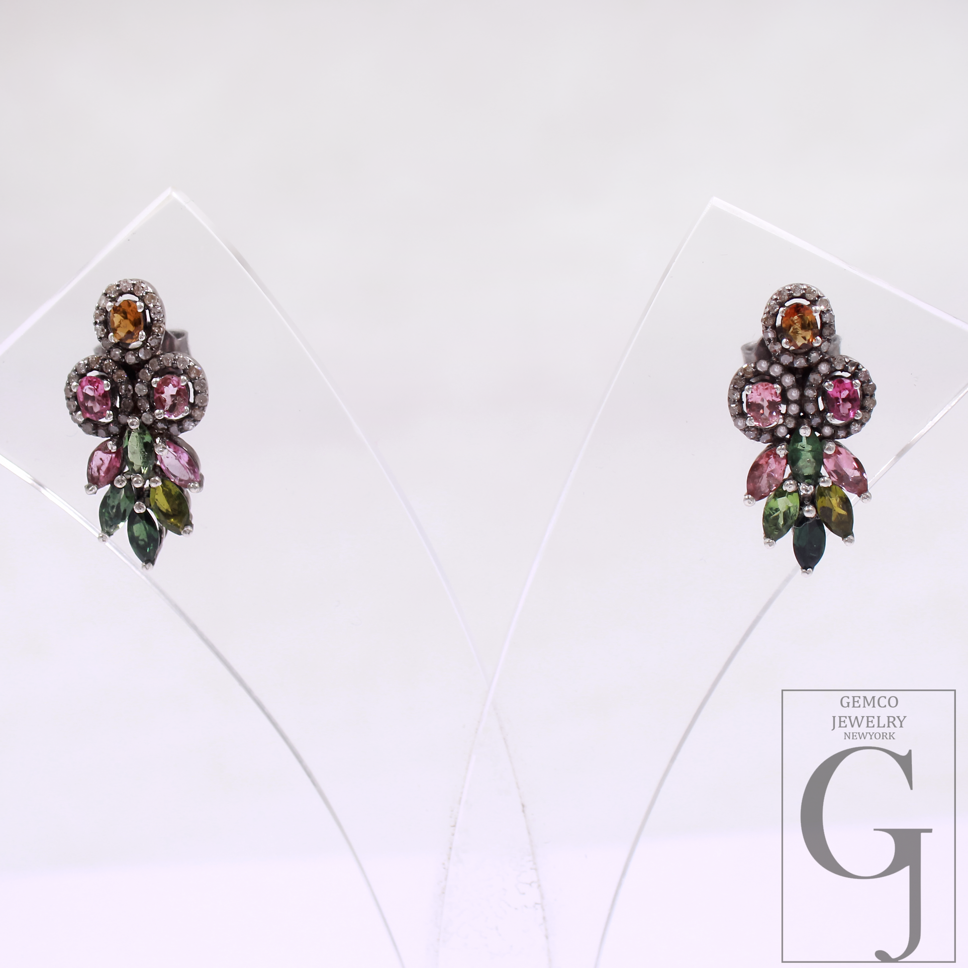 Designer Multi Tourmaline Earrings With Pave Diamond In Sterling Silver Handmade Finish Diamond Jewelry Gift For Her