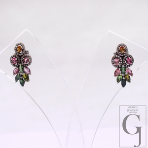 Designer Multi Tourmaline Earrings With Pave Diamond In Sterling Silver Handmade Finish Diamond Jewelry Gift For Her