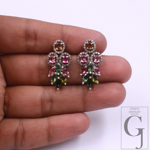 Designer Multi Tourmaline Earrings With Pave Diamond In Sterling Silver Handmade Finish Diamond Jewelry Gift For Her