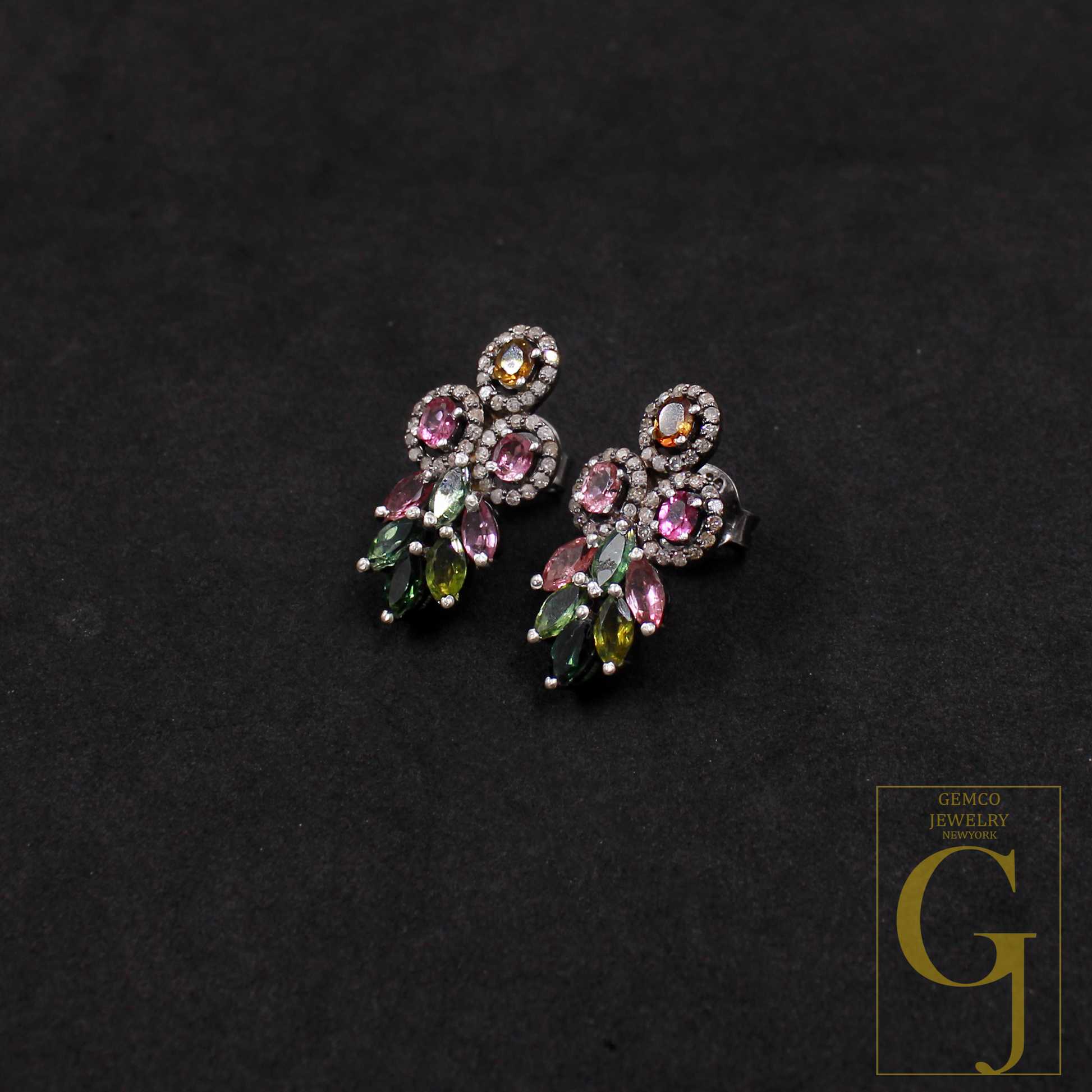 Designer Multi Tourmaline Earrings With Pave Diamond In Sterling Silver Handmade Finish Diamond Jewelry Gift For Her