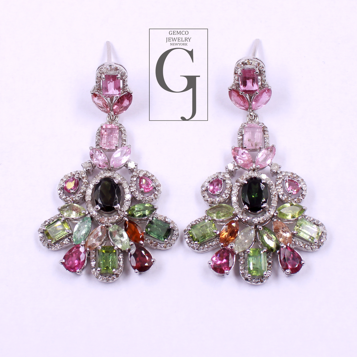 One Of A Kind Multi Tourmaline Earrings With Pave Diamonds 925 Sterling Silver Jewely Handmade Finish Diamond Earrings
